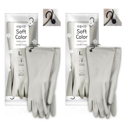 Myungjin 2 Pairs Reusable Waterproof Non-Slip Honeycomb Grip Latex Rubber Gloves with Hang-Dry Hooks/Hanging Loops for Dishwashing Household Cleaning Cooking (Large OverFit) - size: Large (OverFit)