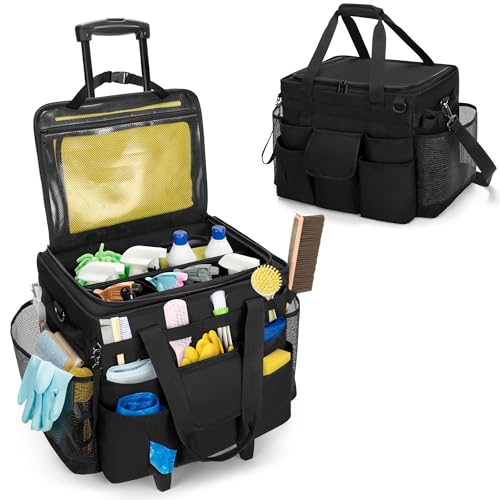 LoDrid Rolling Cleaning Caddy with Lid, Cleaning Supplies Organizer with Detachable Trolley, Cleaning Caddy Cart on Wheels with Handle and Shoulder Strap for Housekeepers, Black, Bag Only - color: Black