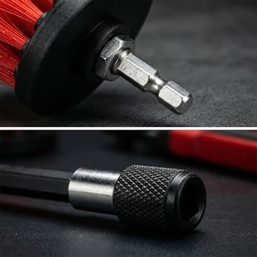 Drill Brush Attachment Set, 5 Pack Power Scrubber Cleaning Brush Kit with Extension Rod for Bathroom, Tub, Tile, Grout, Kitchen, Floor and Wheel Rims (Red) - color: Red