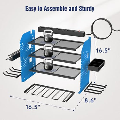 Heavy Duty Power Tool Organizer Wall Mount with Charging Station, 4 Layer Garage Storage Adjustable Shelves Height, Holds 4 Drills, 2 Hooks, Screw & Screwdriver box, Gifts for Fathers Day, Anniversary - color: Blue