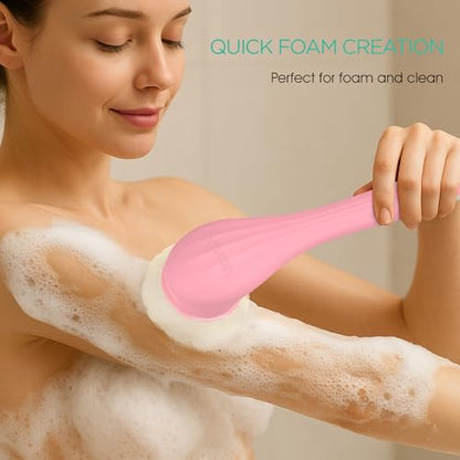 VOYOR Electric Body Brush Back Scrubber Silicone Body Scrubber Two-Way Rotating Brush Head for Deep Cleaning, Exfoliation, 4 Attachments Long Handle IPX6 Rechargeable Shower Brush BC300 (Pink) - color: Pink