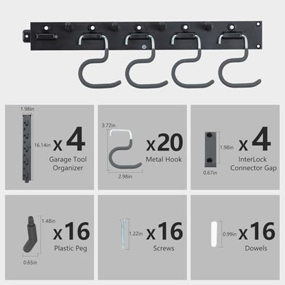 WellMade 64'' Adjustable Garden Tool Organizer, Garage Storage System with Hooks, Wall Mount Tool Organization Rack, Black