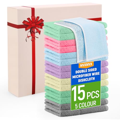2-Sided Cleaning Dish Towels for Kitchen Microfiber Wash Cloths,15pcs Non Scratch Wire Dishcloth,Wire Dishcloth Home Essentials-Reusable Steel Wool Scrubber Washcloths,Set for Pans Sinks & Cookware