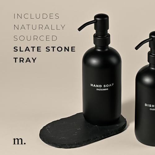 MaisoNovo Soap Dispenser 3 Piece Set - 16.9oz Black Bottles with Black Stainless Steel Pump Core - color: Black Bottles/ Black Pumps/ Black Slate Tray