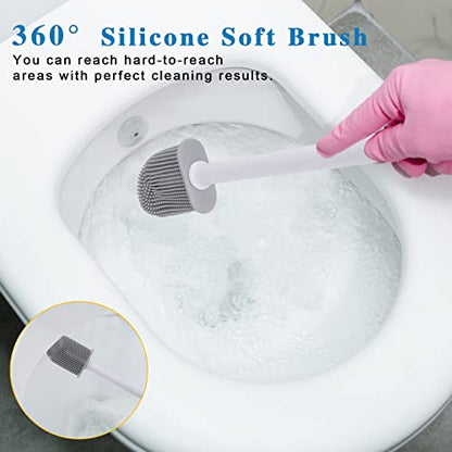 Silicone Toilet Brush and Holder Bendable Efficient Cleaning Wall Mounted Toilet Bowl Brush with Long Handle Brush Head and Silicone Bristles No Rusty Handles Problem (White) - color: White