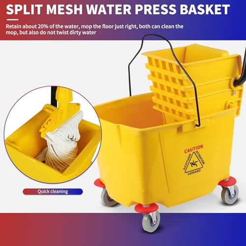 Side-Press Mop Bucket 36 L/9.5 Gallons | Heavy-Duty Plastic Wringer | One-Hand Squeeze & Non-Spill Wheels | for Home/Commercial Floor Cleaning (Yellow, 9.5 Gallons/38 Quart)