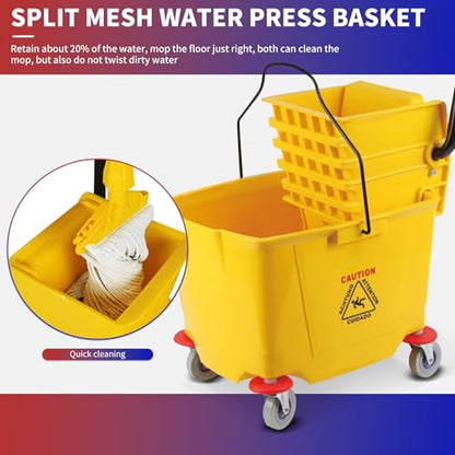 Side-Press Mop Bucket 36 L/9.5 Gallons | Heavy-Duty Plastic Wringer | One-Hand Squeeze & Non-Spill Wheels | for Home/Commercial Floor Cleaning (Yellow, 9.5 Gallons/38 Quart)