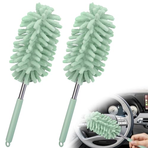 2 PCS Car Interior Duster with Extension Pole, Microfiber Car Dusters with Bendable Head, Cars Dusters Exterior&Interior Scratch Free, for Cleaning of Vehicle Details, Offices, Window (Light Green) - color: Light Green
