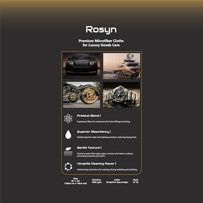 Rosyn Premium 420 GSM Microfiber Cloth Black 16x16 Inches - Luxury Scratch-Free Detailing Towel for Cars, Yachts, Boats & Watches - Ultra Soft, Lint-Free, Highly Absorbent (Large, 12, Count) - size: Pack of 12