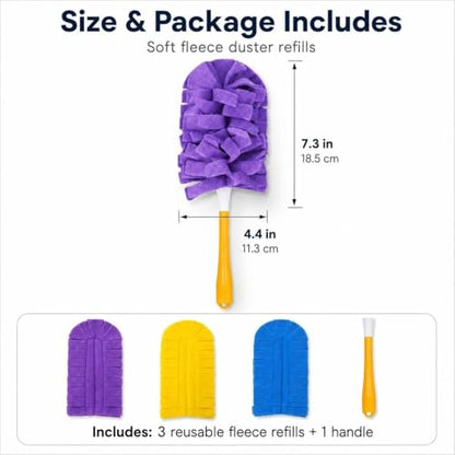 3 Pack Reusable Duster Refills with 1 Handle, Washable 360° Dusting Heads Compatible with Swiffer Dusters for Wet & Dry Cleaning, Blinds, Fans, Furniture, Cars and Pet Hair