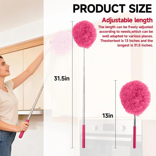 Extendable Microfiber Duster, Telescoping Dusting Brush for Home and Car Cleaning, Adjustable Length, Soft and Flexible - color: Round Rose Red
