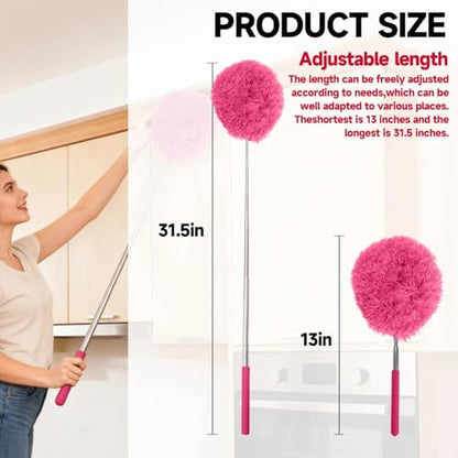 Extendable Microfiber Duster, Telescoping Dusting Brush for Home and Car Cleaning, Adjustable Length, Soft and Flexible - color: Round Rose Red