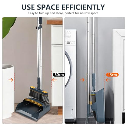 54" Lightweight Broom and Dustpan Set with 180° Rotating Upright Stand, Comb Teeth & Long Handle - Indoor Home Storage Solution for Kitchen, Room, Office