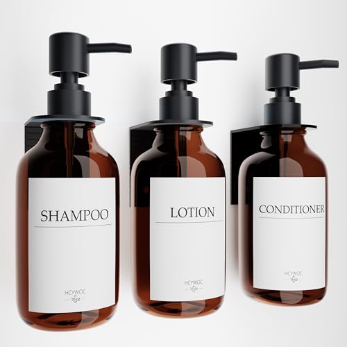 Shampoo Dispenser for Shower Wall, Shampoo and Conditioner Dispenser with 16 Waterproof Labels, No Drill Shower Soap Dispenser Bathroom, Shower Soap Dispenser Wall Mounted,17oz, 3 Pack, Amber - color: 1-amber Bottle + Black Pump