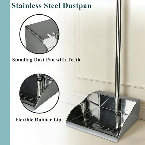 Stand Up Metal Dustpan & Stiff Bristle Broom Set–Heavy Duty for Yard, Patio | No-bend stand up design / Heavy duty metal dustpan with teeth / 4-layer stiff Bristle broom / For outdoor floor sweeping