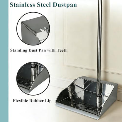 Stand Up Metal Dustpan & Stiff Bristle Broom Set–Heavy Duty for Yard, Patio | No-bend stand up design / Heavy duty metal dustpan with teeth / 4-layer stiff Bristle broom / For outdoor floor sweeping