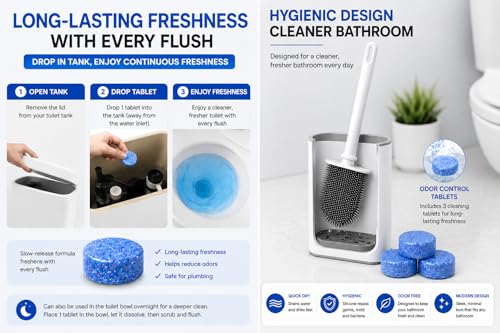 Silicone Toilet Brush and Holder Set with 3 Cleaning Tablets, Quick-Dry Base, Flexible Non-Scratch Bristles, Odor-Free Bathroom Toilet Bowl Cleaner Brush, Compact Space-Saving Design