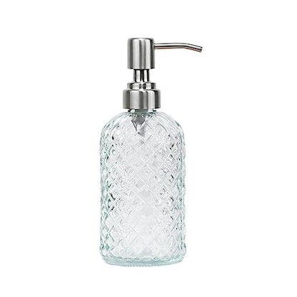 16 oz Diamond Pattern Glass Soap Dispenser, Kitchen and Bathroom Refillable Soap Dispenser with Rust Resistant Stainless Steel Pump for Hand Soap, Lotion Glass Liquid Dispenser (Clear) - color: Clear
