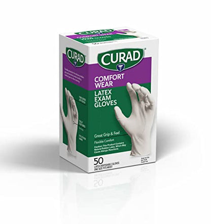 Curad Comfort Wear Latex Exam Gloves, Powder-Free, One Size Fits Most, 50 Count - size: 1 Box (50 Count)