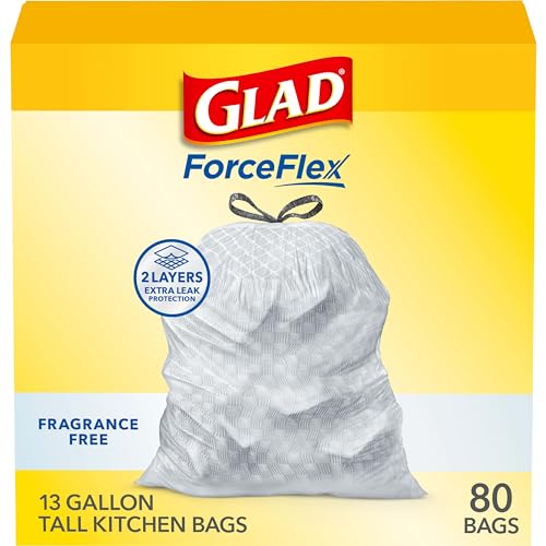Glad ForceFlex Tall Kitchen Drawstring Trash Bags, 13 Gal, Fragrance Free, 80 Ct (Package May Vary) - size: 80 Count (Pack of 1)