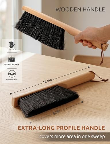 Takavu Horsehair Counter Brush with Beech Wood Handle - Hand Brush for Outdoor Furniture, Patio Cushions, Workbench, Shop and Bench Sawdust, Drafting Table and Fireplace Cleaning, 12.6in