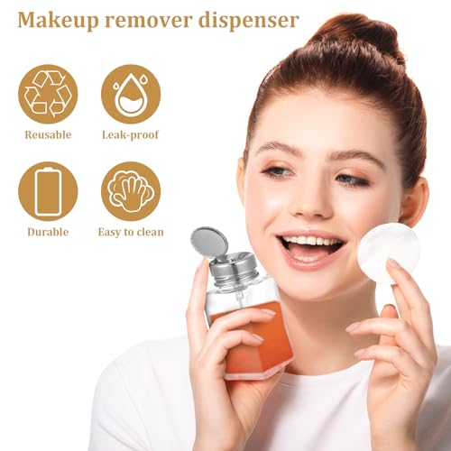 3 Pcs Clear Pump Dispenser Bottle Push Dispenser with Metal Flip Cap 180ml Glass Dispenser Pressure Container Refillable for Dispensing Nail Polish Remover Alcohol Toner and Makeup Remover