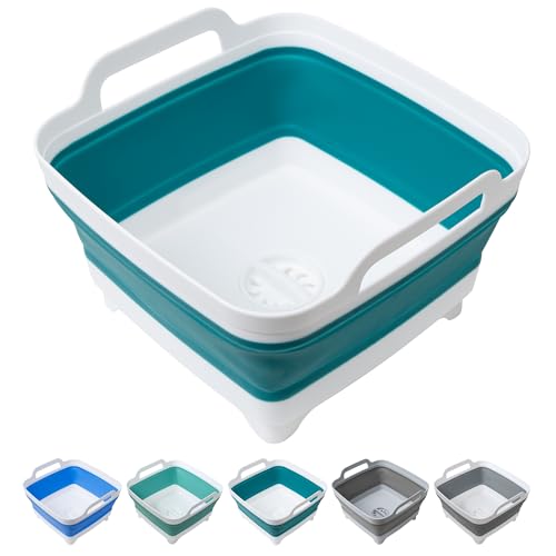Tiawudi Dishpan for Washing Dishes, 2.4Gal/9L Wash Basin with Draining Plug Carry Handles, Collapsible Bucket for Cleaning, Portable Sink, Foldable Plastic Tub, 1PC - color: Teal Blue, size: 1 x 9L