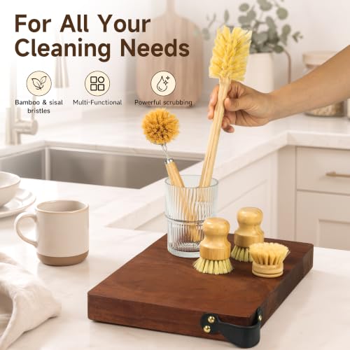 SAMEBUTECO 5 Piece Bamboo Dish Brush Set,11.5’’ Long Handle Bottle Brush with Sisal Bristles, 3 Pot Brushes,1 Replaceable Heads, Natural Kitchen Brush for Pot,Pans,Sink,Vegetables