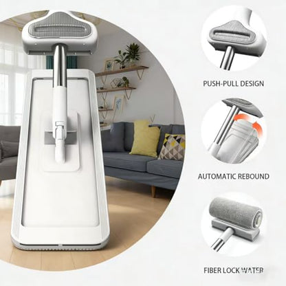 360 Hands-Free Self Wringing Floor Cleaning Mop, Flat Mop - Microfiber with 6 x Washable Pads, Hand Washing Free for Hardwood and Window, White