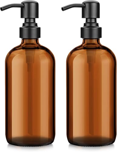 AmazerBath Amber Glass Soap Dispenser, 2 Pack Soap Dispenser Set with Stainless Steel Pump, Vintage Liquid Brown Soap Dispensers Bottle, 17 Oz Dish Soap and Hand Soap Dispensers for Bathroom Kitchen - color: Black&brown