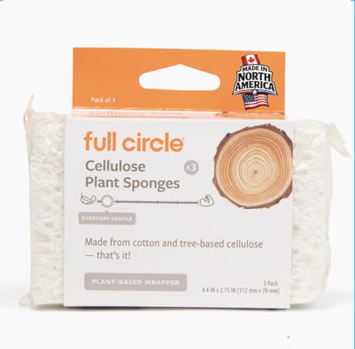 Full Circle 100% Plant-Based Cellulose Sponges – Pack of 3 – Plastic-Free, Natural Sponge, No Microplastics, Safe for Nonstick Cookware - size: Plant-Based Cellulose Sponge
