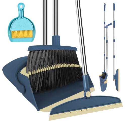 Broom and Dustpan Set with Floor Squeegee & Mini Hand Brush Set, Blue 52" Long Handle Upright Cleaning Combo with Self-Cleaning Teeth for Home Kitchen Pet Hair - color: Blue