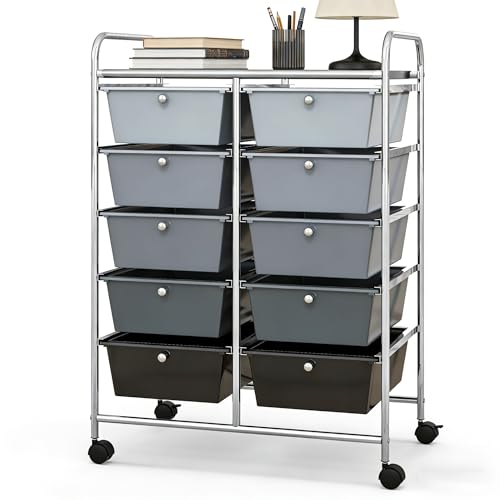 COSTWAY 10 Drawer Rolling Storage Cart, Mobile Utility Cart with Metal Frame & Lockable Wheels, Art Supply Craft Organizer, Multipurpose Drawer Cart for Paper for Office, School, Mixed Black - color: Mixed Black, size: 10 Drawer