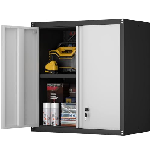 Steel Wall Cabinet, Heavy Duty Hanging Garage Storage Cabinet with Adjustable Shelf & Locking Doors, Wall Mounted Metal Garage Cabinet for Workshop, Utility Room, Shed, Black/Grey - color: 28"h-wall Cabinet / Black+grey