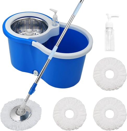 Spin Mop and Bucket with Wringer Set, 360° Spinning Mop Bucket System with 3 Microfiber Mop Replacement Heads and 61" Stainless Steel Adjustable Handle for Floor Cleaning (20QT) - color: Blue-1