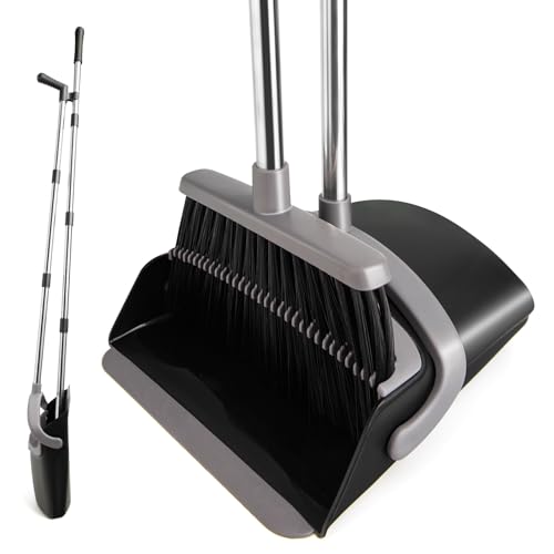 Broom and Dustpan Set, Long Handle Lightweight Dustpans with Broom Combo for Home, Indoor&Outdoor Sweeping for Home Room Kitchen Office Lobby (Charcoal) - color: Charcoal 1-pack