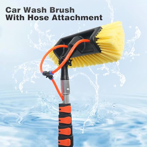 12FT Car Wash Brush with Long Handle, Car Cleaning Brush with 12"Soft Bristle and Hard Bristle, 3-12FT Telescopic Pole with Hose Attachment for Scratch-Free Cleaning Truck,RV,Boat,Siding,Solar Panels - color: 12ft-orange-2