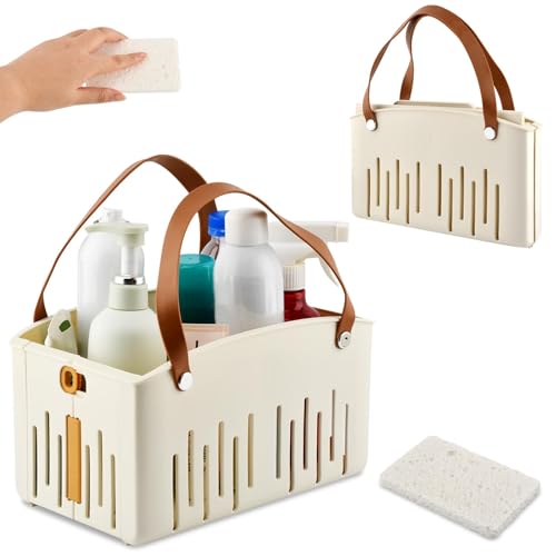 Portable Shower Caddy with Cleaning Sponge, Foldable Shower Storage Basket with Handle and Adjustable Divider, Quick Dry Bathroom Organizer Bin for Bathroom,Dorm,College,Camp,Travel(COLOR:Cream)