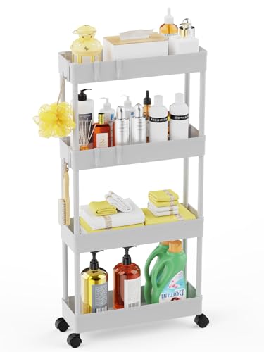 LEHOM 5.1" Slim Storage Cart - 4 Tiers Bathroom Organizer Mobile Shelving Unit Storage Rolling Utility Cart Slide Out Organizer for Kitchen Bathroom Laundry Narrow Places, White - color: Pear White, size: 5.1"W x 15"D x 36"H