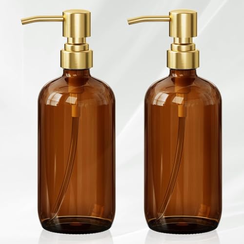 AmazerBath Amber Glass Soap Dispenser, 2 Pack Vintage Brown Bottle with Stainless Steel Pump,17 Oz Hand Dish Soap Dispenser Bottle, Modern Soap Dispensers for Bathroom Kitchen - color: Amber & Gold