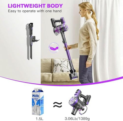 Cordless Vacuum Cleaner, 6 in 1 Lightweight Stick Vacuum with Rechargeable Battery, Handheld Conversion, LED Headlights & 180° Swivel Brush, for Hardwood Floor Carpet Pet Hair Stairs Car(Light Purple)