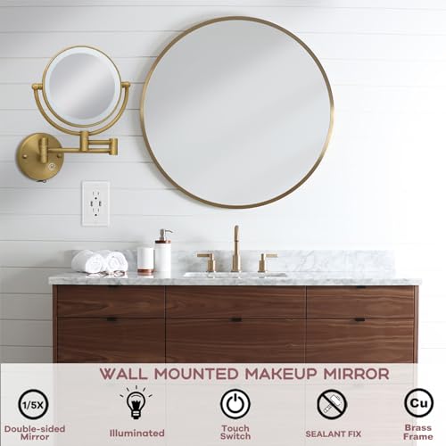 Brass Wall Mounted Makeup Mirror with Lights and Magnification, Rechargeable Lighted Magnifying Mirror Wall Mount with 1X and 5X, Brushed Antique Brass Bathroom Arts Ware - color: Brushed Antique Brass