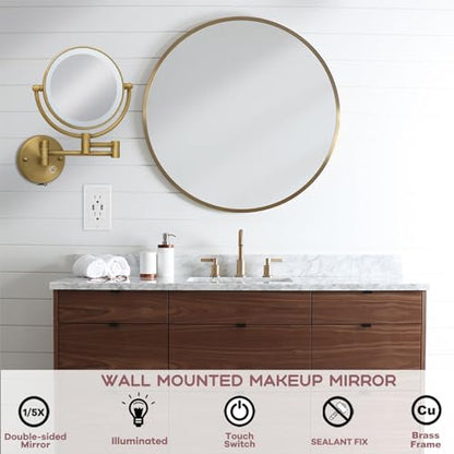 Brass Wall Mounted Makeup Mirror with Lights and Magnification, Rechargeable Lighted Magnifying Mirror Wall Mount with 1X and 5X, Brushed Antique Brass Bathroom Arts Ware - color: Brushed Antique Brass