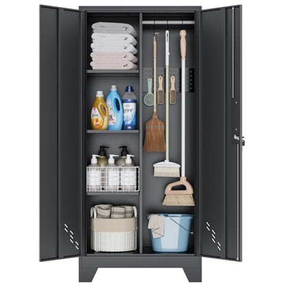61" H Garage Cabinets, Metal Storage Cabinet with Lockable Doors and Pegboard, Utility Closet for Brooms and Mops, Tool Cabinets for Home Office Laundry Room Living Room - size: 61"Utility Cabinet