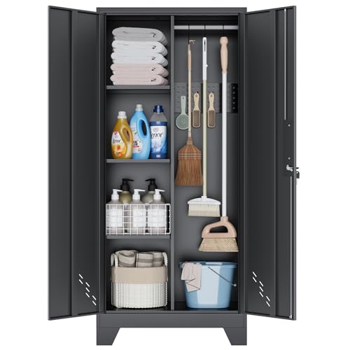 61" H Garage Cabinets, Metal Storage Cabinet with Lockable Doors and Pegboard, Utility Closet for Brooms and Mops, Tool Cabinets for Home Office Laundry Room Living Room - size: 61"Utility Cabinet