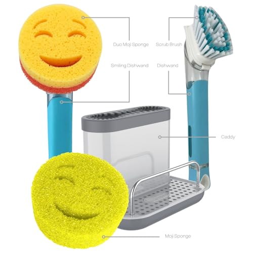 The Original Smiling Sponge Handle Soap Dispensing Handle by Smilyeez for the Smiling Sponge with Smilyeez Caddy & Dishwand with 2 Scrub Brushes (Light Blue) - style: Light Blue With Brush Dishwand