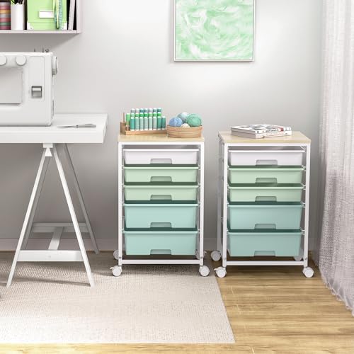 SYKIARIOL Utility Cart with 5 Drawers,Storage Cart with Wooden Tabletop and Lockable Wheels,Craft Storage Trolley Organizer,5-Tier Rolling Utility on Wheels,Light Green - color: Green