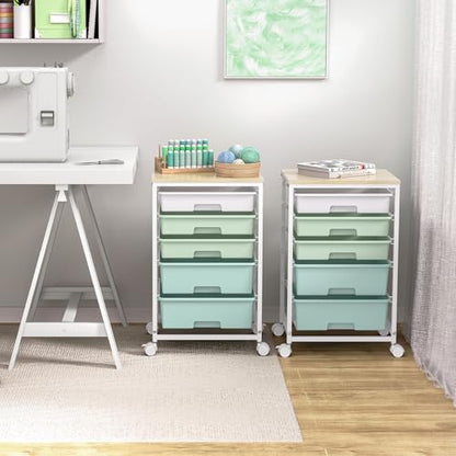 SYKIARIOL Utility Cart with 5 Drawers,Storage Cart with Wooden Tabletop and Lockable Wheels,Craft Storage Trolley Organizer,5-Tier Rolling Utility on Wheels,Light Green - color: Green