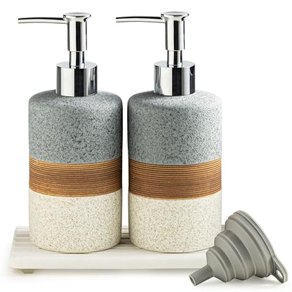 Ceramic Soap Dispenser Set(2 Pack) – Hand Soap, Dish Soap, Shampoo & Shower Soap Dispenser for Bathroom & Kitchen, Stainless Steel Pump, Includes Silicone Funnel & Diatomaceous Tray, Gray - color: Gray and White, size: 2xSoap Dispenser Set with Tray