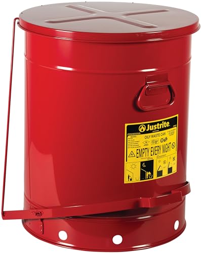 Justrite 21 Gallon Galvanized Steel Oily Waste Can, 23.5" x 18" Metal Oil Rag Safety Can with Quiet Foot Operated Self-Closing Lid for Oil Rag Disposal, Made in The USA, Red, 09708 - color: Red, size: 21 Gallon, style: Foot-Operated Quiet Lid